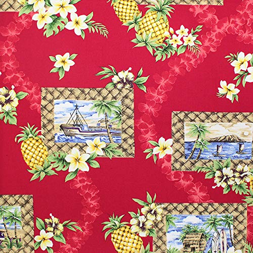 Trans-Pacific Textiles Day in Hawaii Lauhala Frame Red, Fabric by the Yard