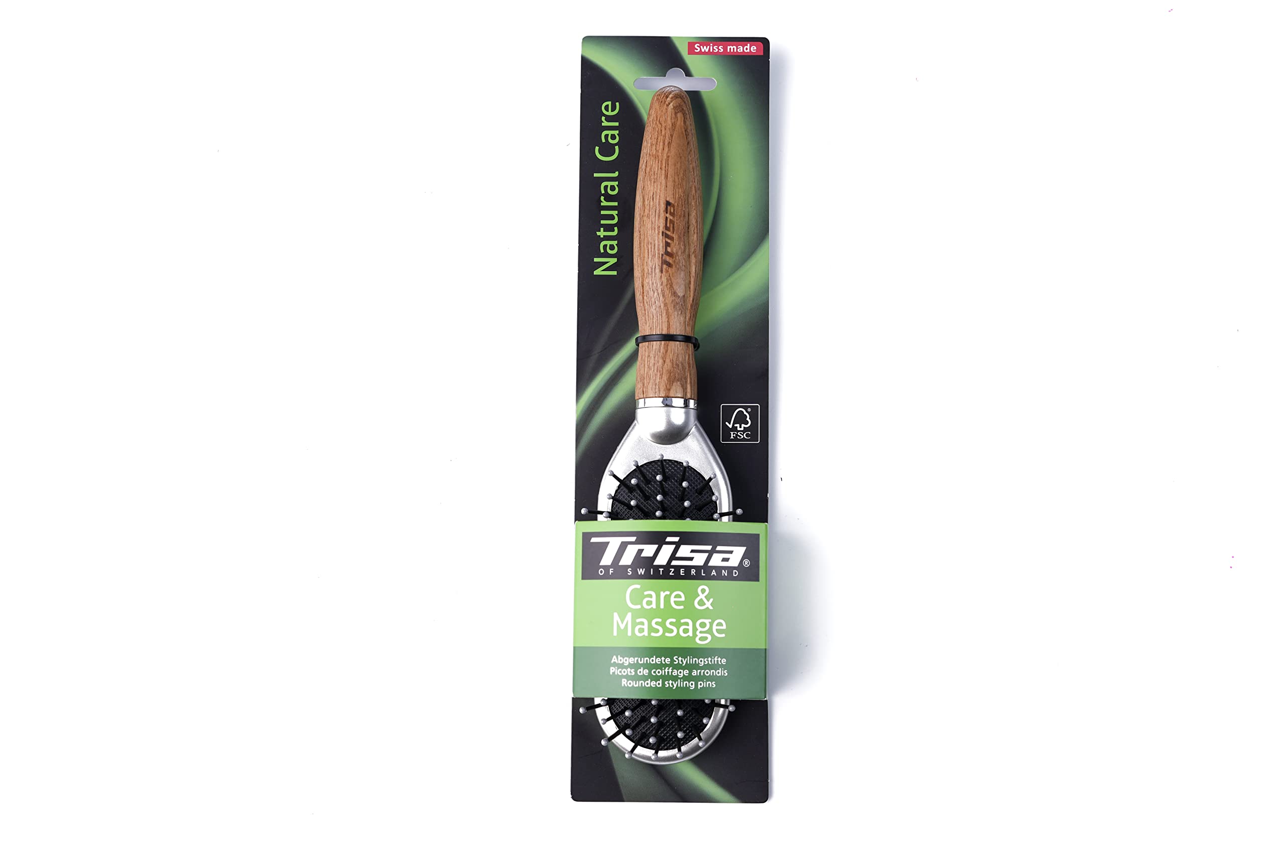Trisa hairbrush natural care swiss made care & massage Medium rounded styling pins eco design for Gentle MAssage - for Healthy shiny, well cared hair - Durable Handle with Comfort Grip -