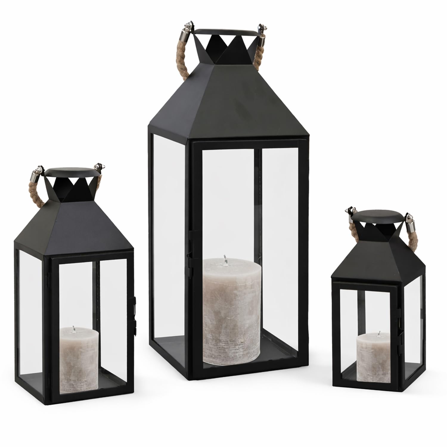 Mojawo® Lot de 3 lanternes de jardin XXL en métal - Hauteur : 25/40/51 cm - Avec poignée en corde - Noir