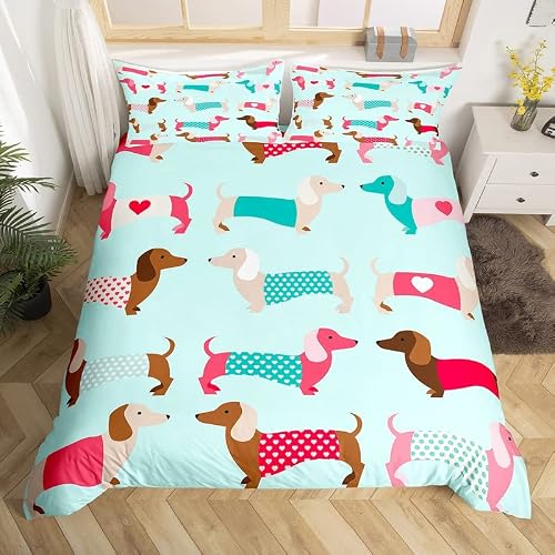 Homemissing Boys Multicolored 13236 Cartoon Dachshund Duvet Cover Sausage Dog Bedding Set For Kids Girls Cartoon Dachshund Puppy Comforter Cover Kawaii Pet Bedspread Cover 3Pcs Zipper King Size