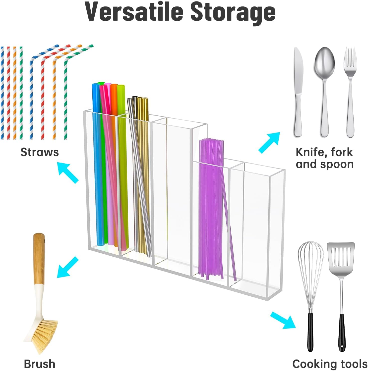NiHome 9.5” Large Clear Stepped Straw Holder for Cabinet Door, Acrylic Organizer for Regular & Kids' Straws, Stir Sticks, Brushes & Spoons, Ultra-Sticky Mount, Space-Saving Kitchen Storage Container - Image 2