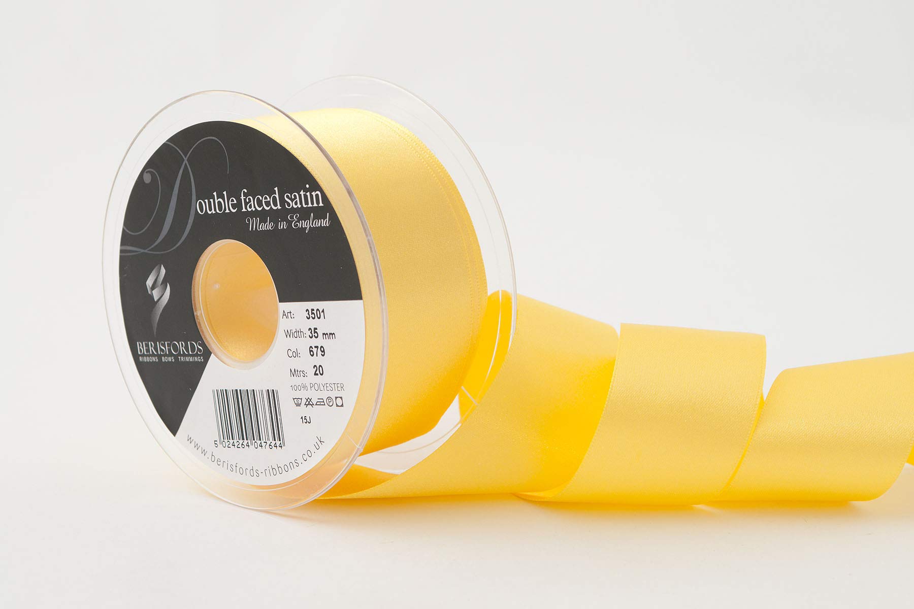 Berisfords Double FACE Poly Satin Ribbon, Yellow, 35 mm