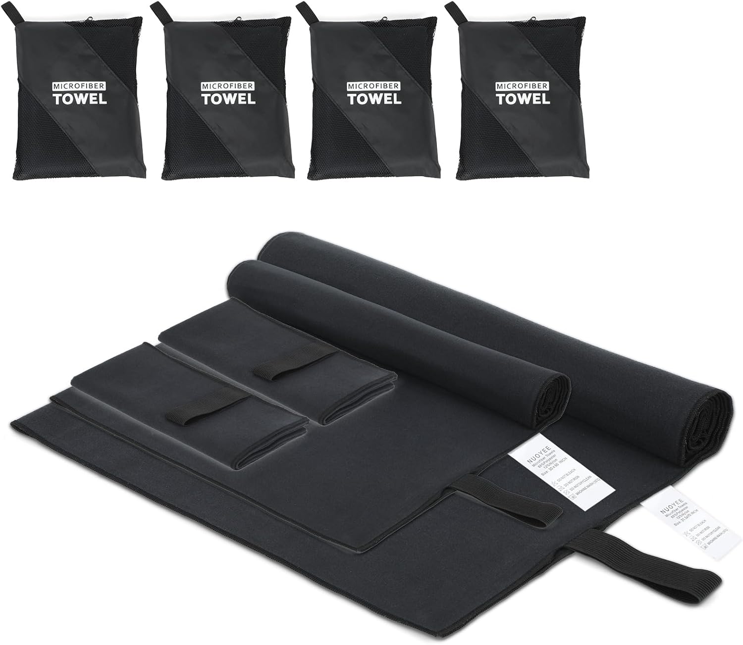 4 Pack Quick Dry Microfiber Towels for Body S L XL Camping Towel Fast Drying Compact for Sea Beach Swimming Yoga Hiking Pack Travel Bathroom Towel(Black)