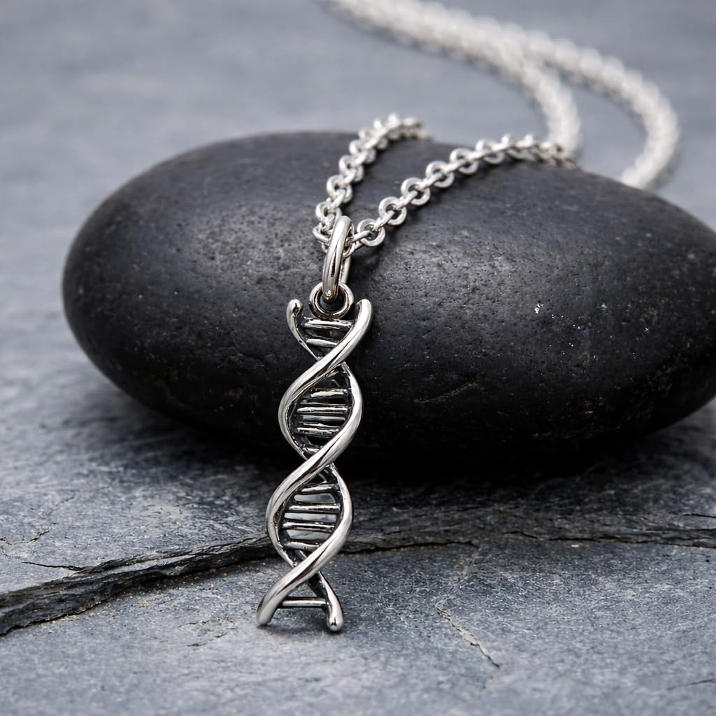 EnCharmed DNA Double Helix Charm Necklace for Women, Sterling Silver Dainty Handmade Necklace, Ancestry Genetic Biology Pendant, Everyday Minimal Layering Jewelry, 18"
