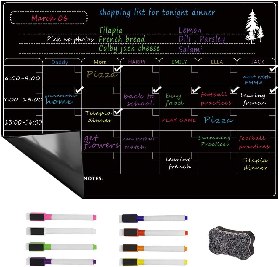 Magnetic Wet Erase Calendar for Refrigerator - Grocery List and Week Menu Board for Fridge - 17 * 12 in Magnetic Whiteboard Organizer Kit for Kitchen Include 8 Markers 1 Erase