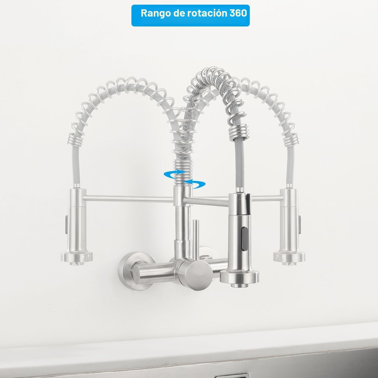 Grifo Cocina de Pared 11cm (± 1,5cm) con Ducha de 2 Modo, Grifería de Fregadero Giratorio Flexible de 360​°, Mezclador Resorte de Acero Inoxidable 304, Aireador Extraíble, Alta Presión