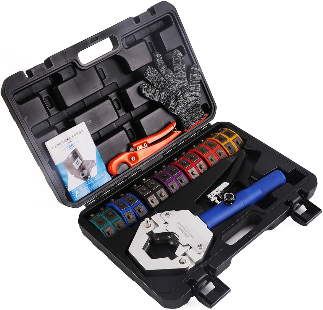 BANCHEE Hydraulic Hose Crimper AC Crimping Tool for Barbed and Beaded Hose Fittings, Air Conditioning Repaire Ac Hose Crimper with 7 Die Set（ BC-71500）