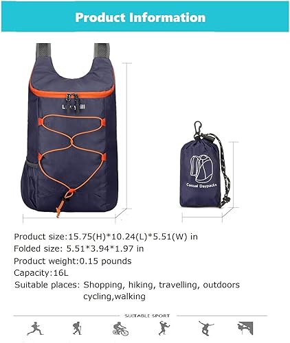 Miniatura 7 de Mochila de senderismo plegable ligera de 16 L, pequeña mochila para viajes, bolsa de gimnasio ultraligera resistente al agua para hombres y mujeres,