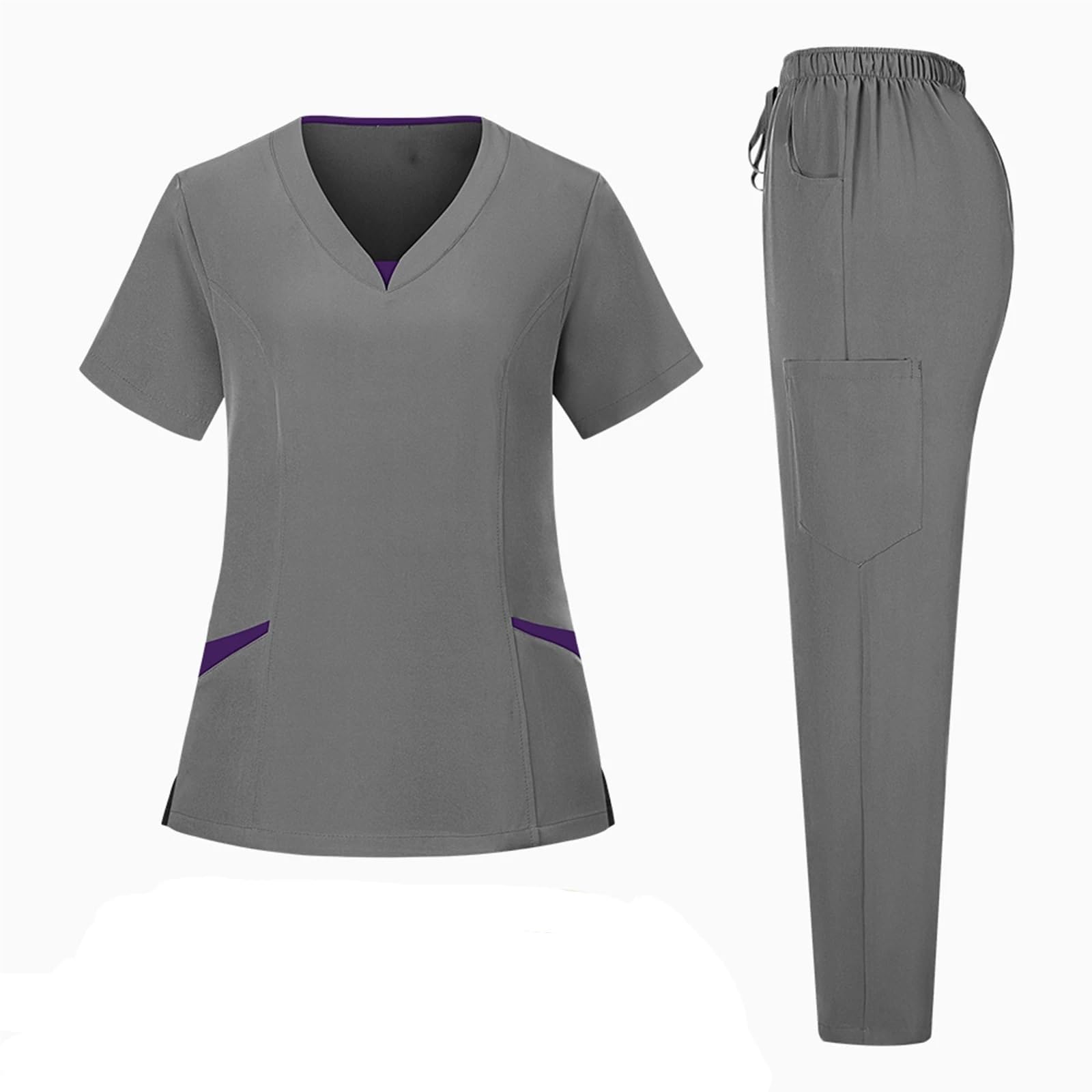 AHUFGN Nurse Scrubs Women Anti-Wrinkle Comfortable Nursing Uniforms Men Unisex Clinical Surgical Lab Scrubs Suit Top Pants(Grey,M)