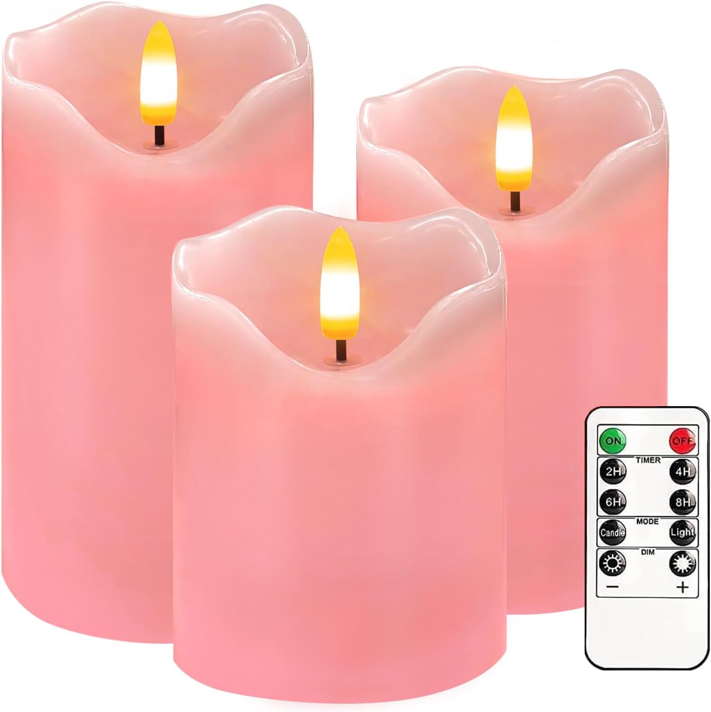 VEEKI Flameless Candles Light, Set of 3 Flickering LED Candle with Remote & Timer, Dimmable Electric Pillar Candles Battery Operated, Pink Candles for Valentine's Day Xmas Home Decor (3PC)