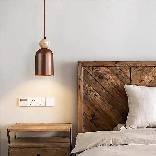 Miniatura 2 de Nordic Retro Bedside Pendant Light Modern Solid Wood Shade Hanging Lamp with Travertine Accents 78.8IN Adjustable Cord Chandelier for Dining Room