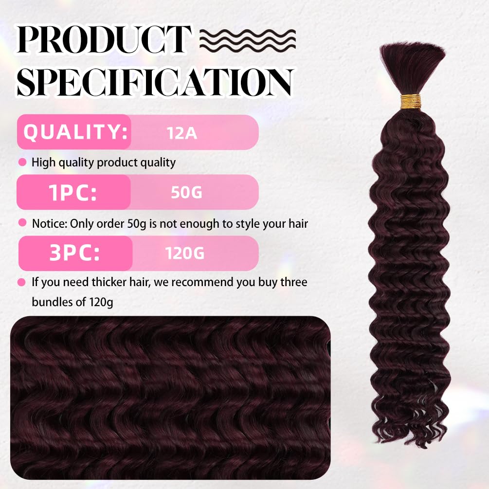 10 Inch Deep Wave Human Braiding Hair for Boho Braids – 50g 1 Bundles/Pack 99J Burgundy 100% Unprocessed 12A Brazilian Virgin Human Hair Bulk, No Weft, Wet & Wavy Curly Extensions