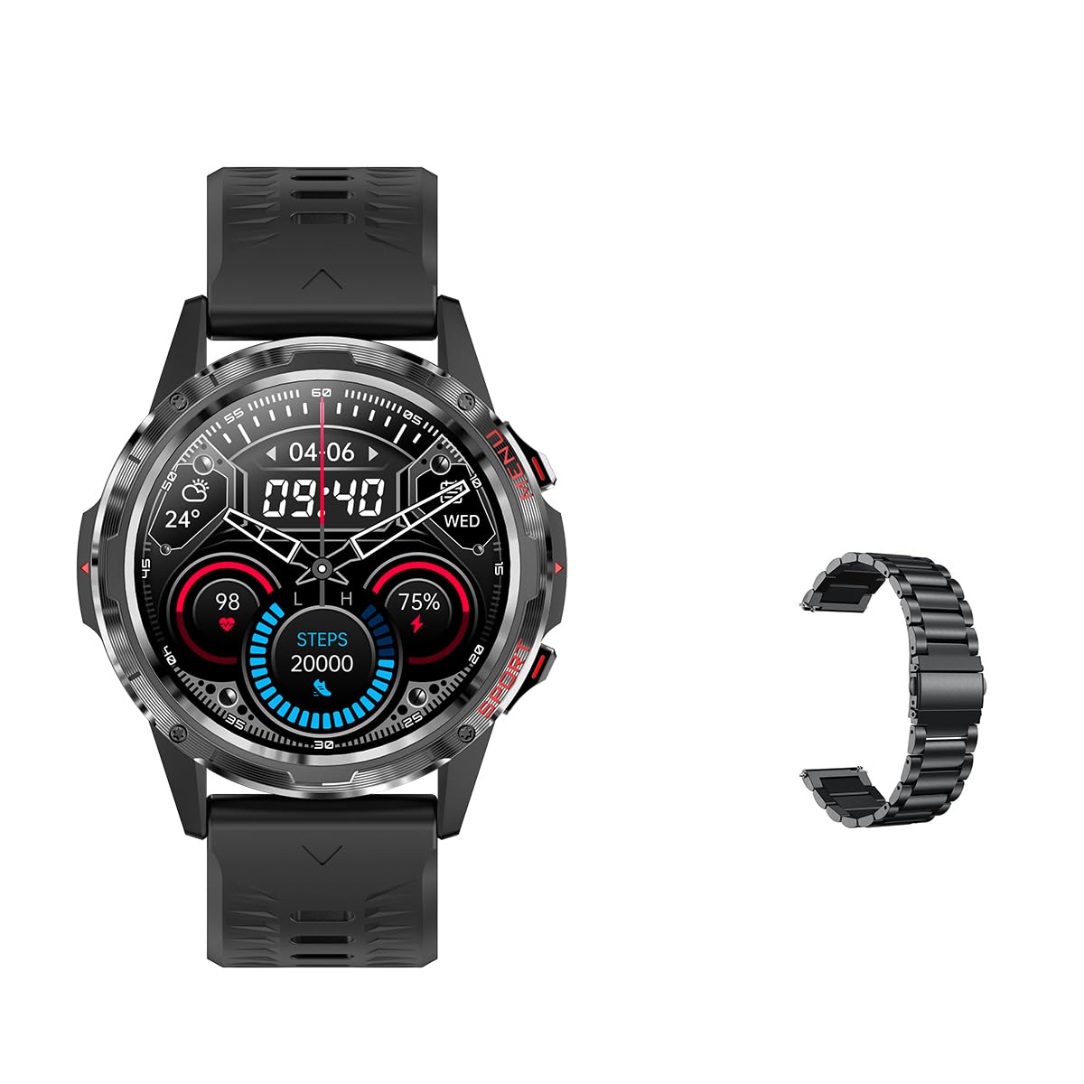 PATALACHIBrandcode SWIM 20 Smart Watch with 1.5 HD Large and round full display 2 strap Fitness Tracker with bluetooth call&Message Alert, for Men Women Compatible with iPhone & Android (Black)