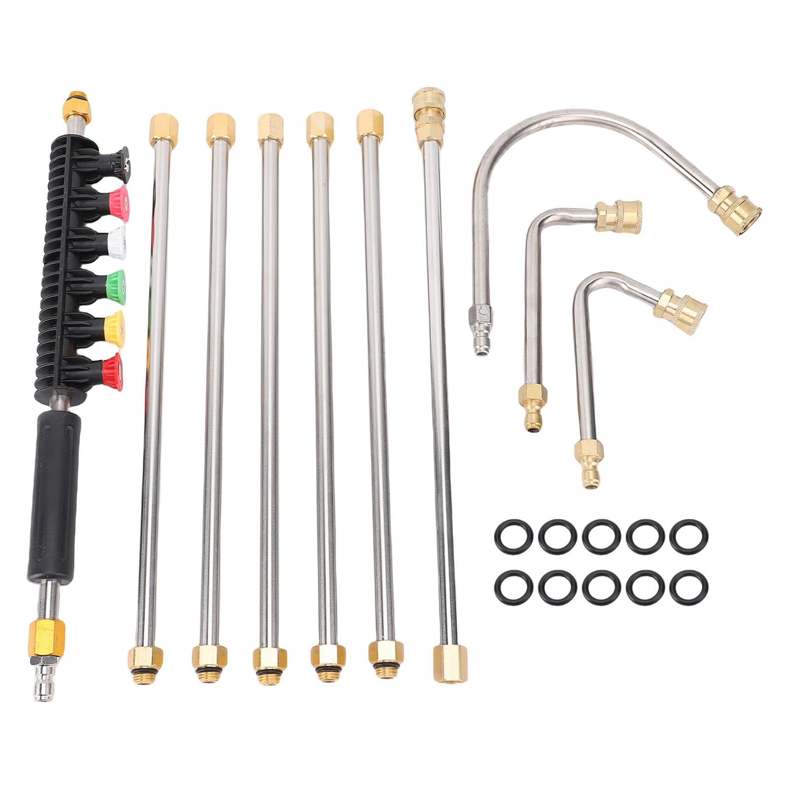 Jeffergarden Kit de Varilla de Extensión para Lavadora a Presión, Varilla de Extensión para Lavadora Eléctrica de Latón y Acero Inoxidable con 7 Varillas Rectas, 3 Varillas Curvas, 6 Puntas de