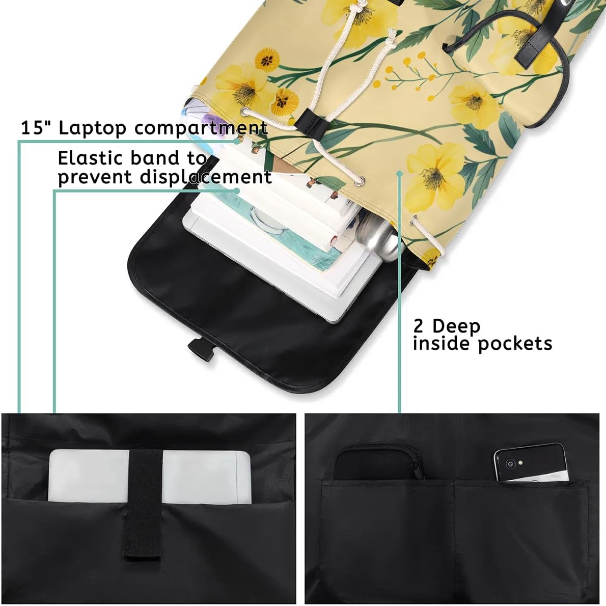 Yellow Flowers Leaves Waterproof Laptop Backpack for Men Women Vintage Style Backpack Large Storage Carry on Backpack for Travel & Work Fits 15-inch Notebook