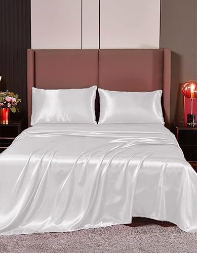 Juego de sábanas de satén de seda de 4 piezas, sábana bajera de satén de seda, sábana encimera de satén de seda, funda de almohada de seda, juego de