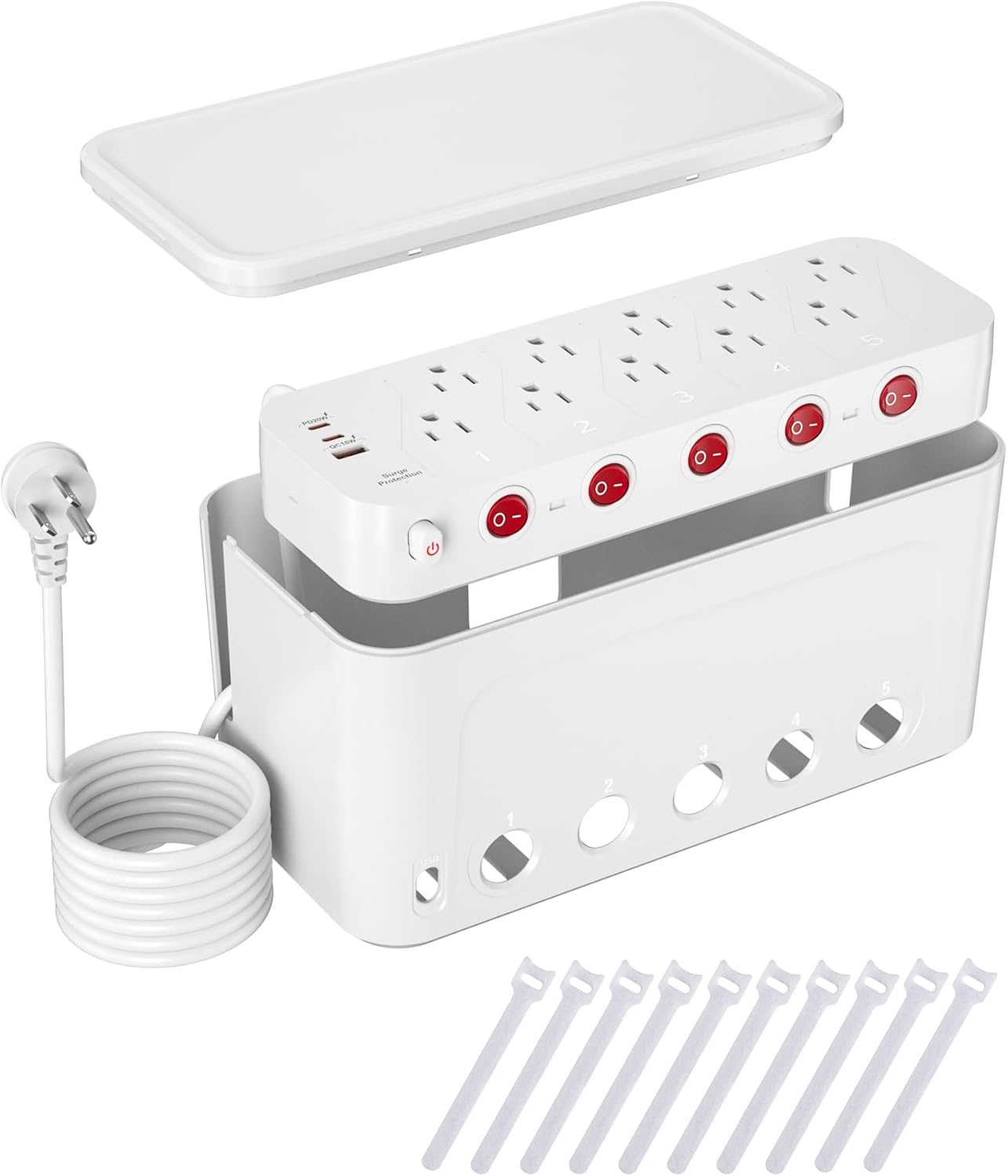 Surge Protector Power Strip with Cable Management Box,Cord Organizer Box with 10 Outlets and 3 USB Ports,Individual Switches,6 ft Flat Plug Extension Cord,Under-Desk and Desk Wire Storage Hider,White
