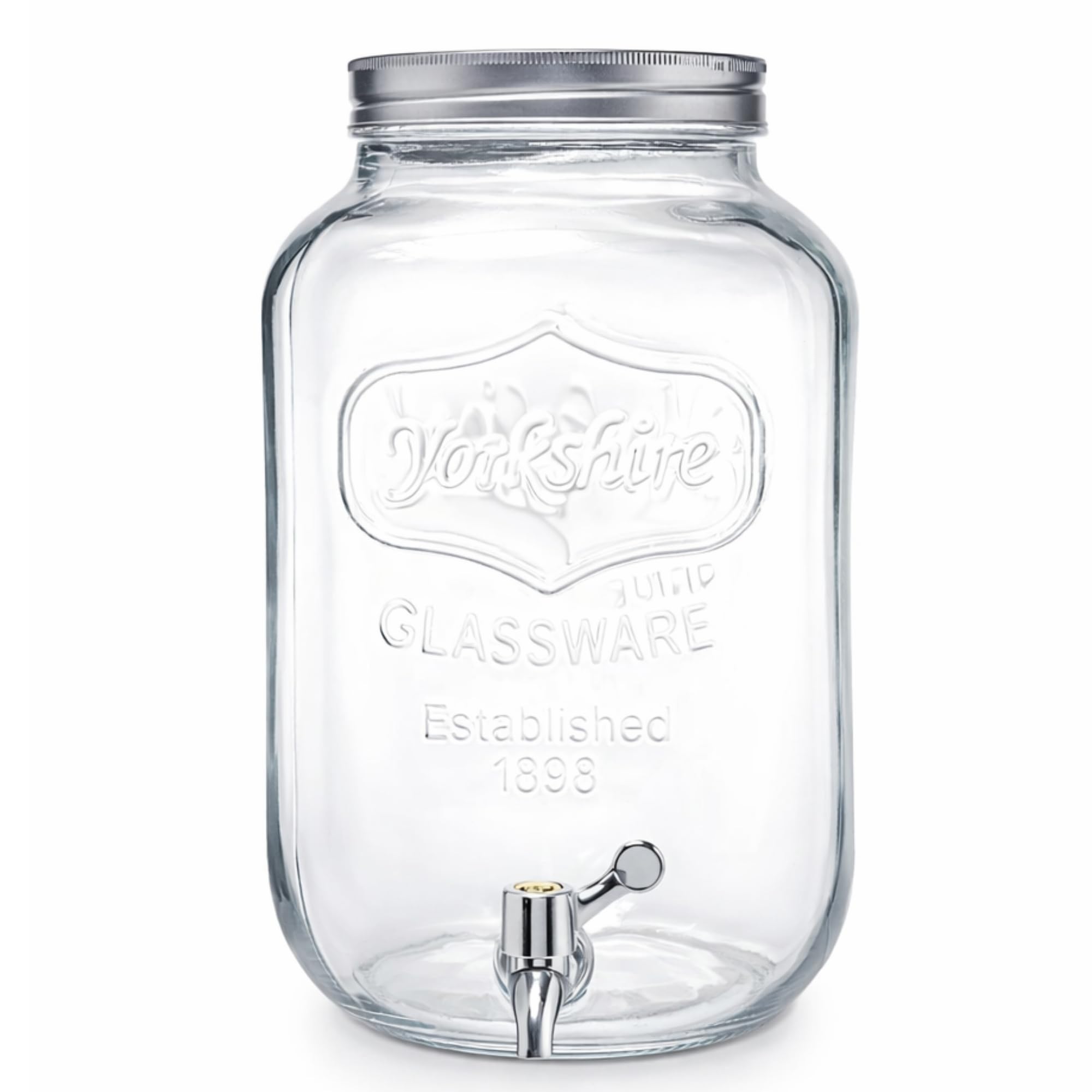 Dispensador de Bebidas de Cristal con Grifo Antigoteo, Tapa Metálica, Estilo Vintage Retro para Fiestas, Eventos, Limonada, Sangría, Agua (8 Litros (32 cm)) Garrafa con Grifo