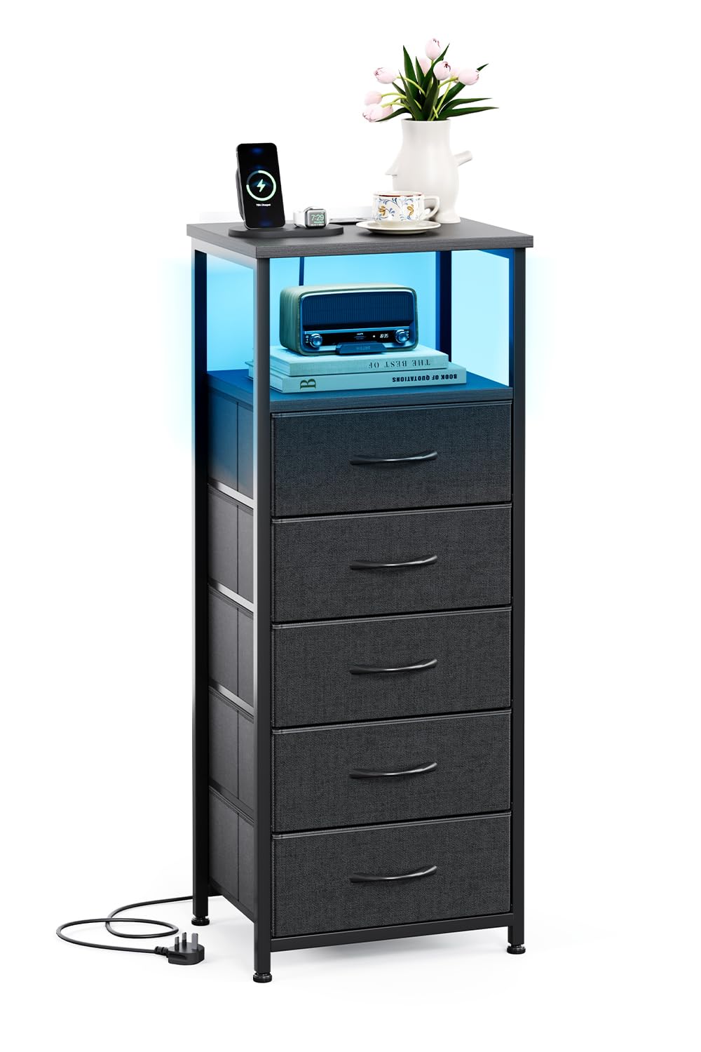 CAIYUN 5 Drawers Bedside Table with Charging Station, 101Hx40W cm Chest of Drawers for Bedroom, Kids, Living Room, Clost, Small End Table with Led and 2 Outlets & USB Ports for Small Space, Black