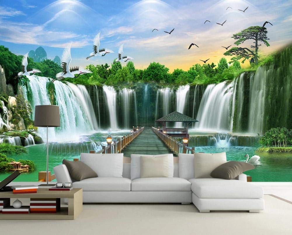 FVeng LIN Carpet Photo Wallpaper Yingke Pine Waterfall Feng Shui Landscape Painting Poster Picture For Living Room Bedroom Tv Wall Decoration Wallpaper-150Cmx105Cm