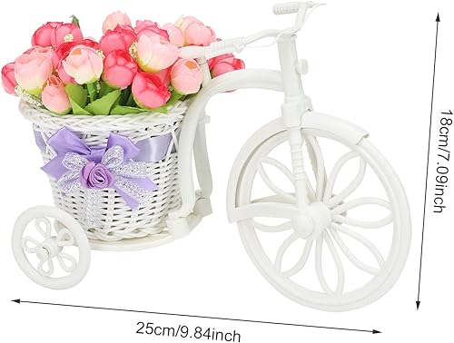 Miniatura 5 de Firlar Mini triciclo con flor artificial, simulación flotante de ratán, bicicleta de plástico floral de seda falsa, decoración de rosas de seda