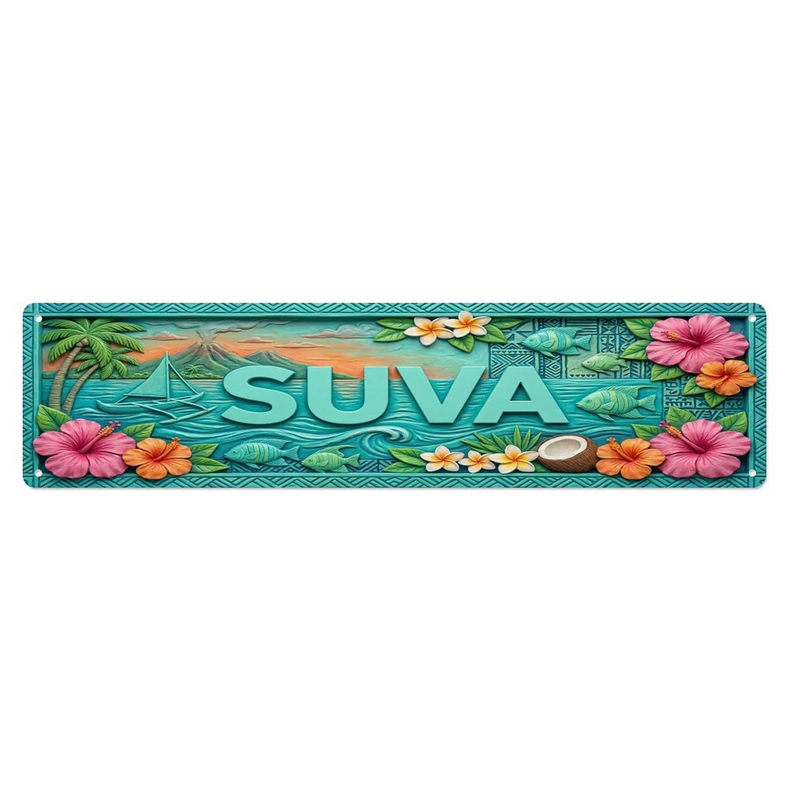 Cwbufd Vintage Style Vintage Suva Fiji Flag Pattern Vintage Metal Tin Sign Plaque Wall Decor For Cafe, Club Bar, Office, Garden Metal Poster 4X16inch