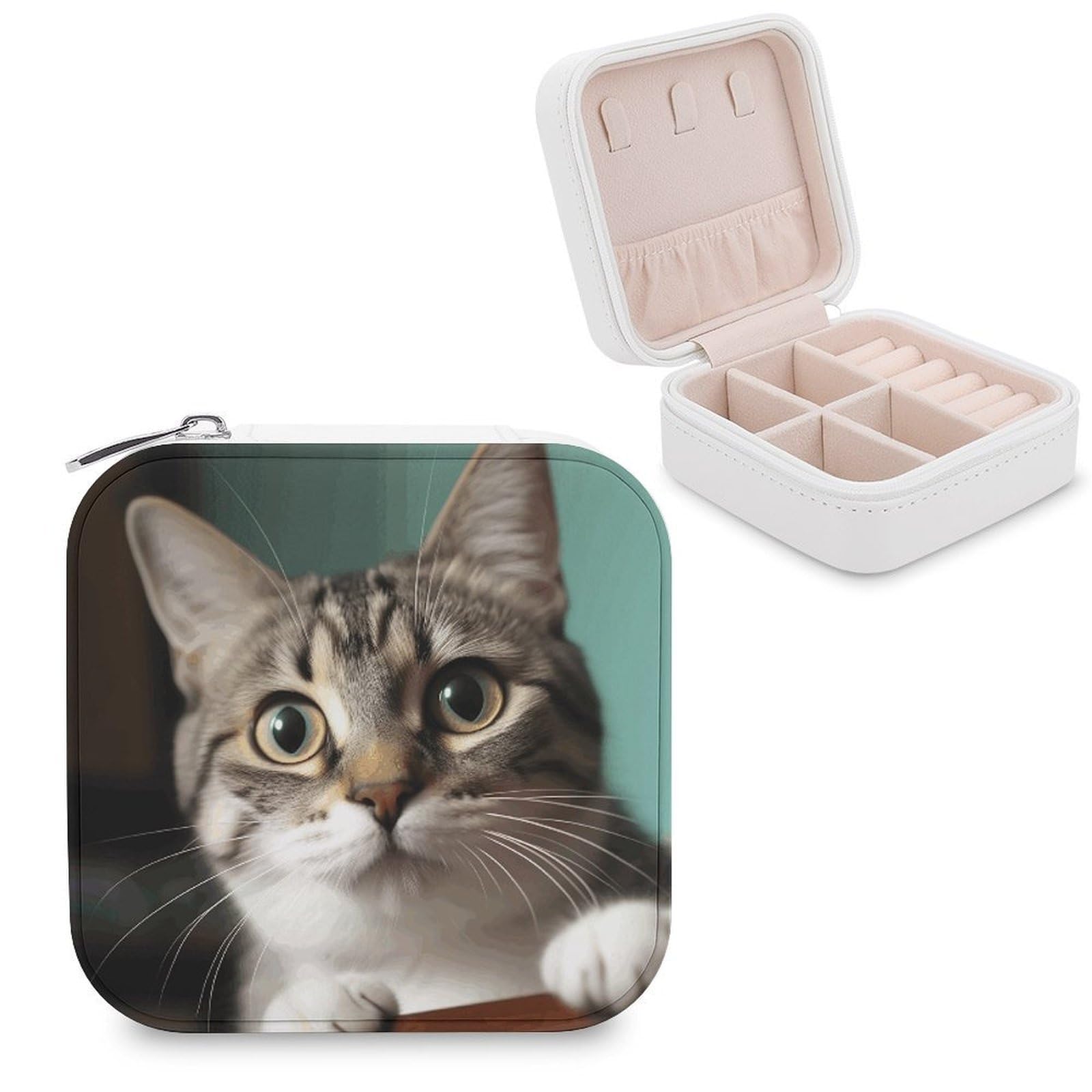 JTREHY Travel A Curious Cat Jewelry Case Portable Display Storage Box PU Leather Mini Jewelry Travel Case Personalized Travel Jewelry Organizer Small Jewelry Box for Women