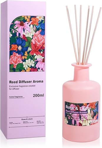 Aeeteek Reed Diffuser Set - Rose & Litchi Essential Oil, 6.8fl oz/200ml Sweet Floral Aroma Scented Oil, Large Capacity Color Bottle, Home Aromatherapy for Bedroom Bathroom Office Shelf Decor