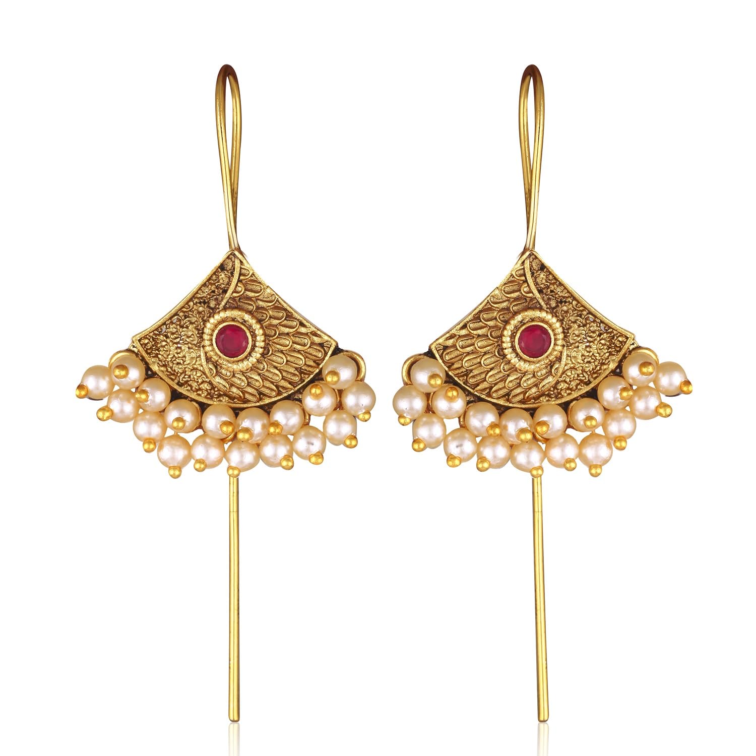 Vivastri's Premium & Unique Peackock Style Pearl Beaded Coloured Earrings -VIVA2572ERG-RED-image-42