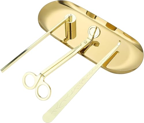 Miniatura 1 de Juego de accesorios para velas 4 en 1 con bandeja de almacenamiento, recortador de mecha de vela, desinflador de mecha de vela (dorado)