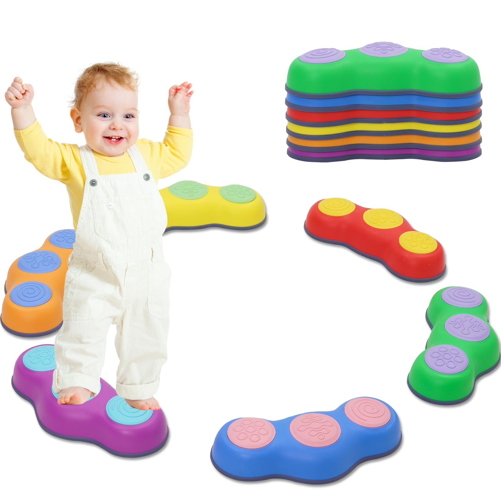 Balanciersteine für Kinder, 6 Stück Rutschfeste Stapelsteine, Sensorisches Spielzeug, Bunte Balance Trittsteine, Erbsenform 30x13x6 cm
