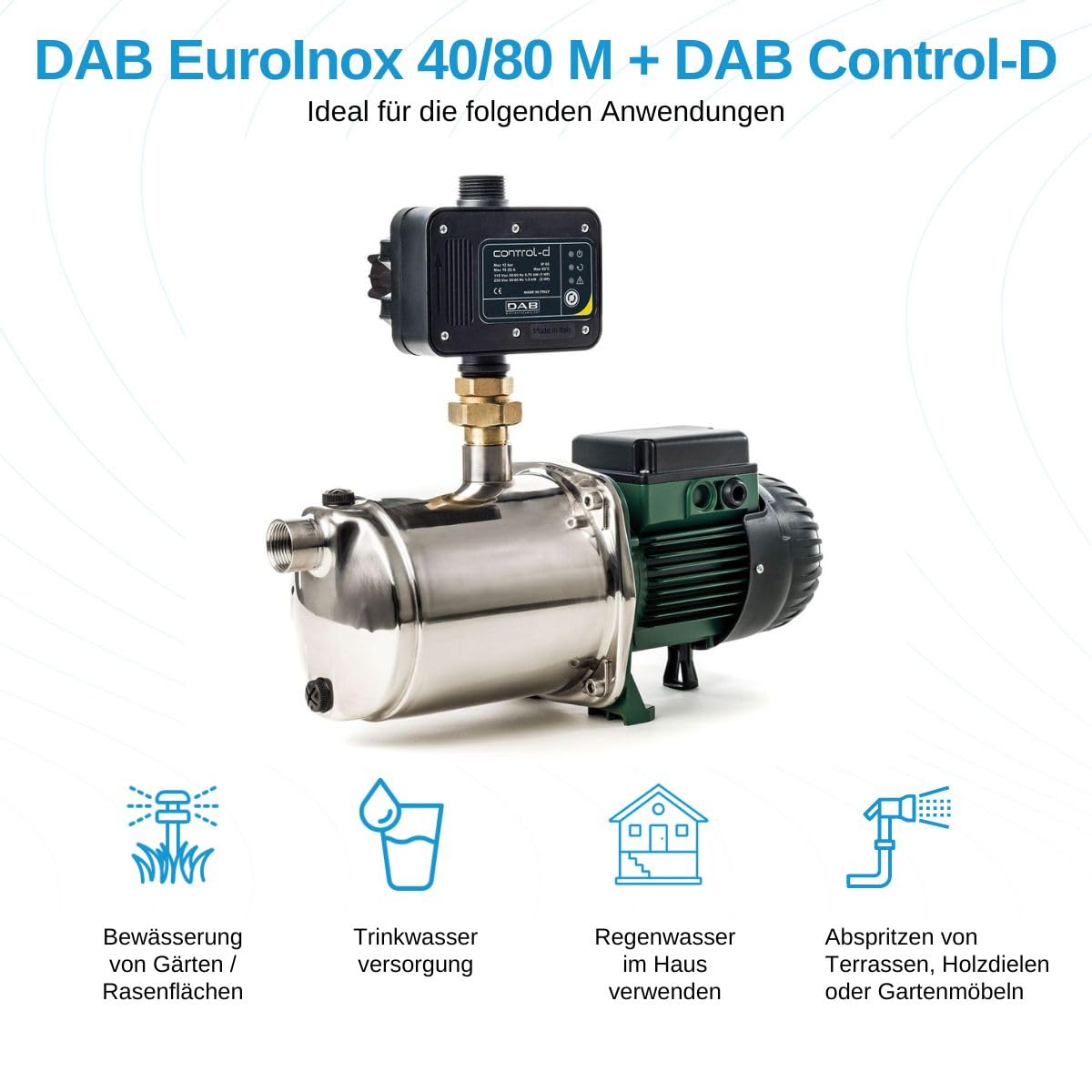 DAB EuroInox 40/80 M + DAB Control-D avec Système de protection contre le fonctionnement à sec - Avec câble de raccordement - Système de contrôle des pompes Pompe surpresseur