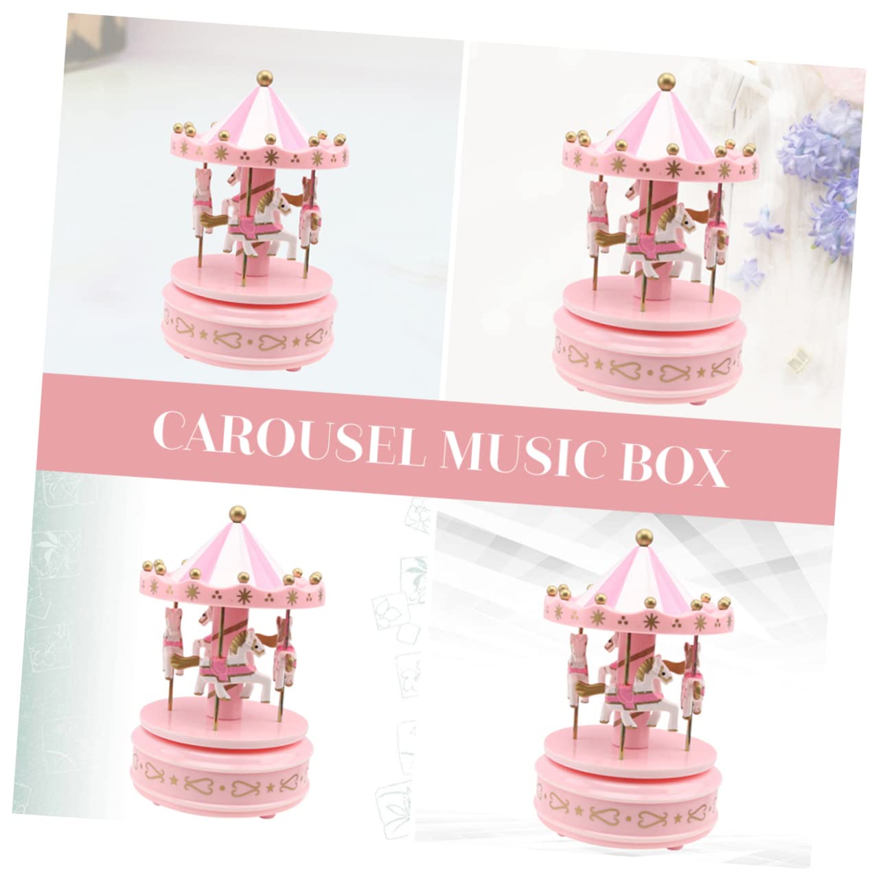 Mikikit Caja de Música de Carrusel Romántico Rosa, Portátil y Fácil de Usar, Decoración Elegante para Bodas Lugar Especial