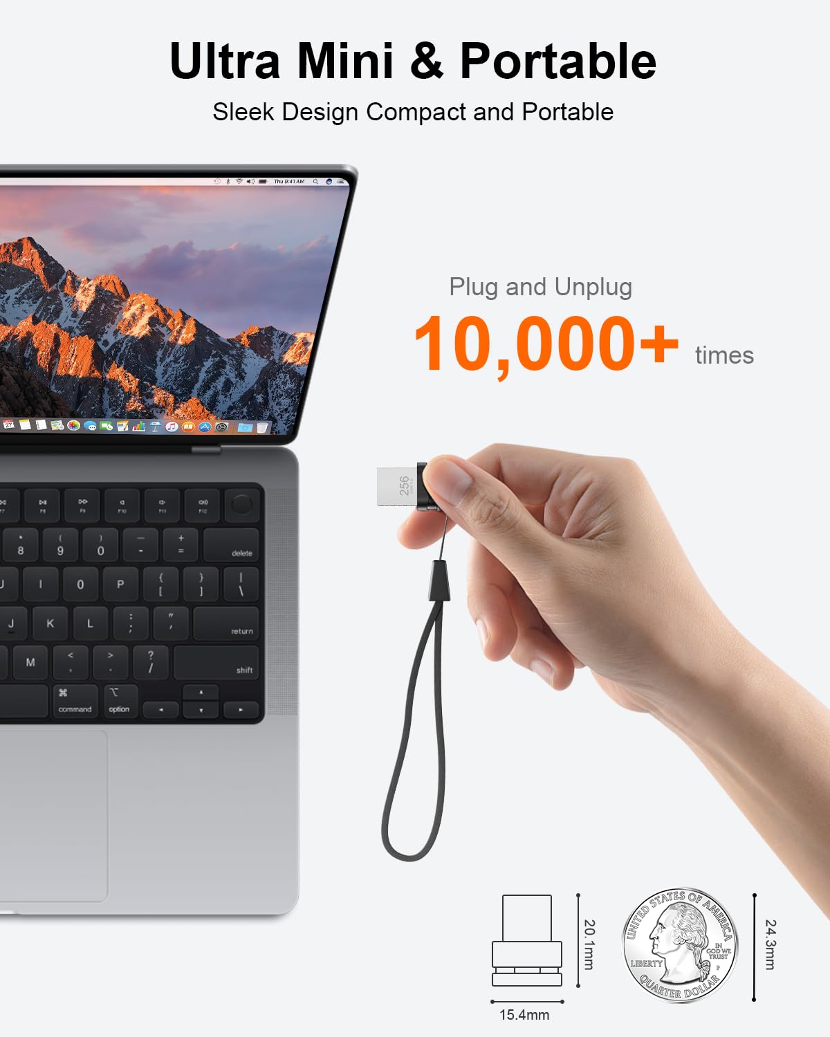 256 GB USB 3.0 Flash-Laufwerk, Mini-Thumb-Laufwerk, wasserdichter Speicherstick mit Lanyard-Loch, Plug-and-Play, tragbarer USB-Stick-Speicher für Computer, Laptop, Smart-TV, Schwarz