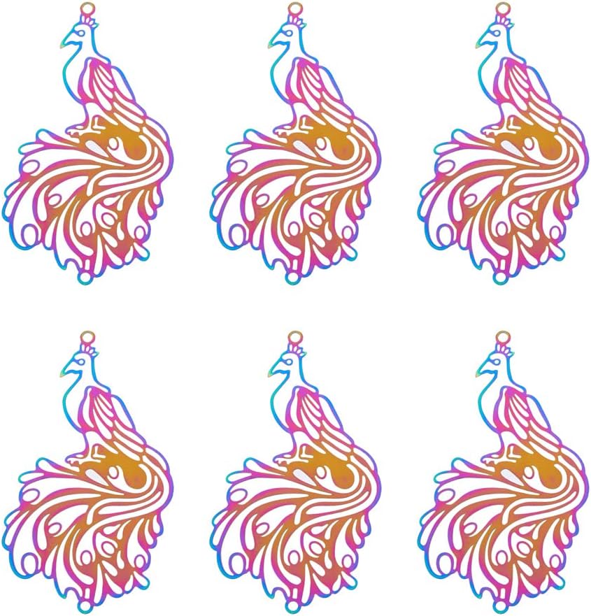Mega Pet 50Pcs 201 Stainless Steel Phoenix Flat Pendants Rainbow Gradient Ion Plated Peacock Big Charms Multi-color Filigree Embellishments for DIY Bracelet Necklace Earring Jewelry Crafts Making
