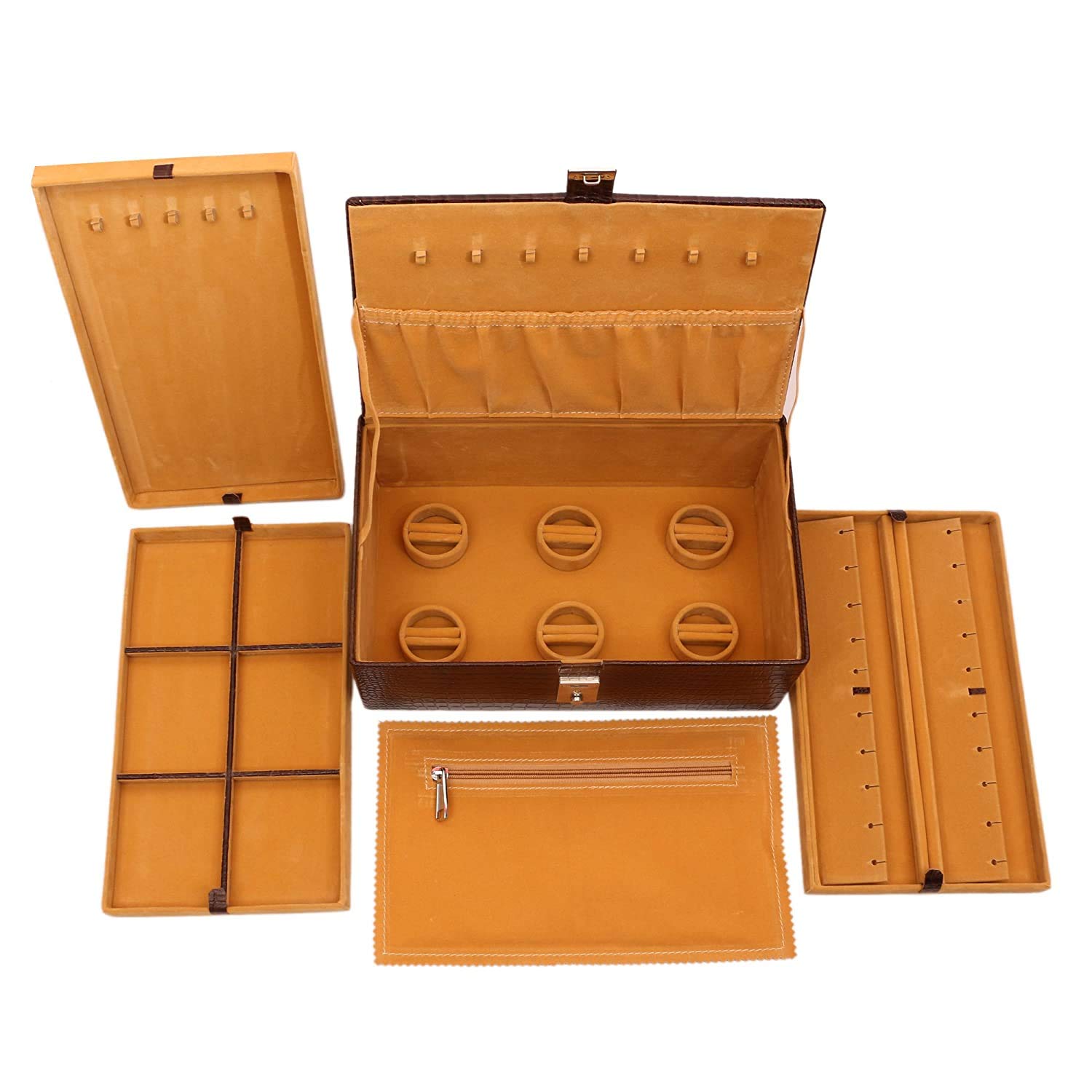 Hidekin Genuine Leather 3 Tray Jewellery Box Brown