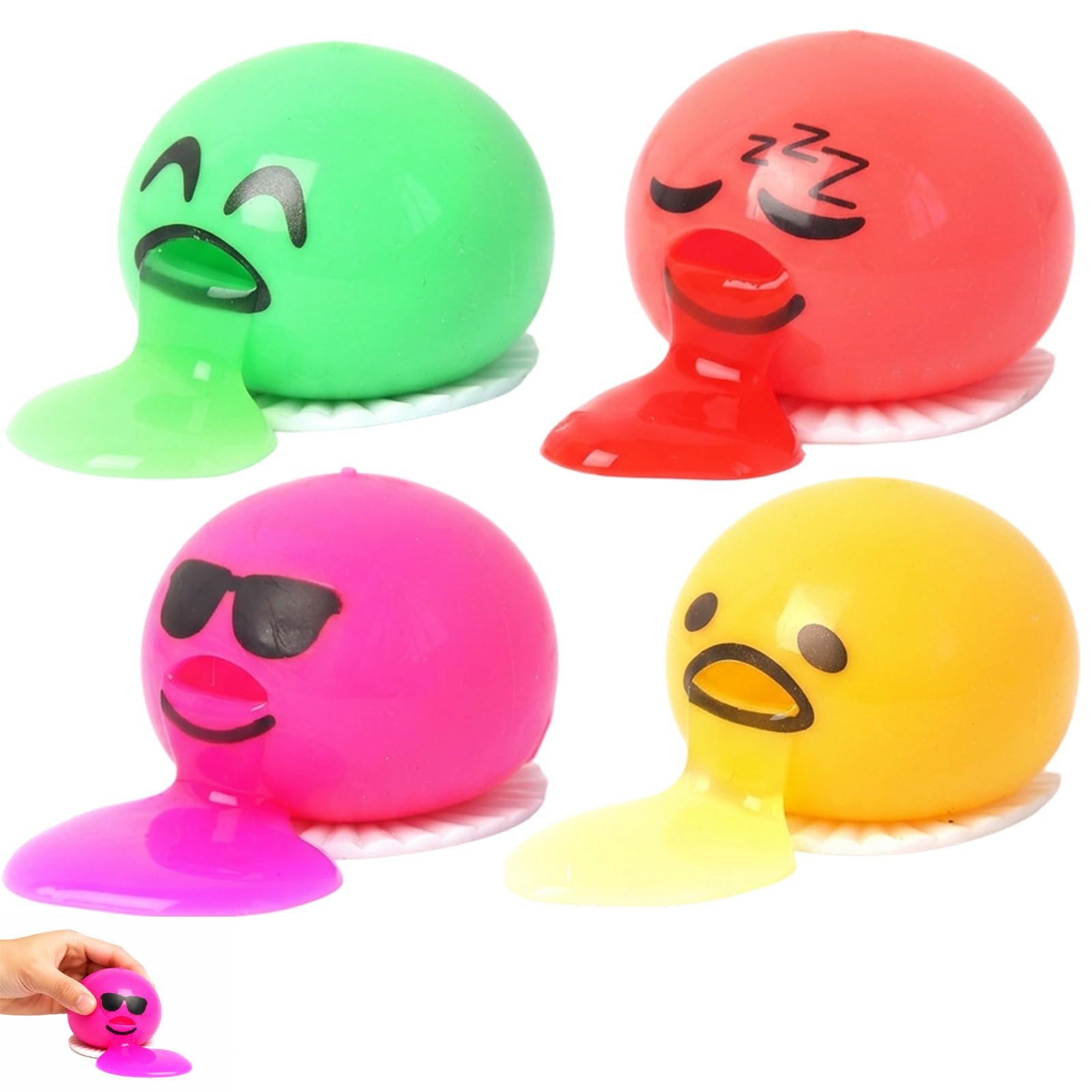 4PCS Puking Ball, Creative Egg Squishy Set for Social Entertainment, Fun Puking Ball Play, Four Vibrant Colors Red Purple Yellow Green, Compact Design for Party Games