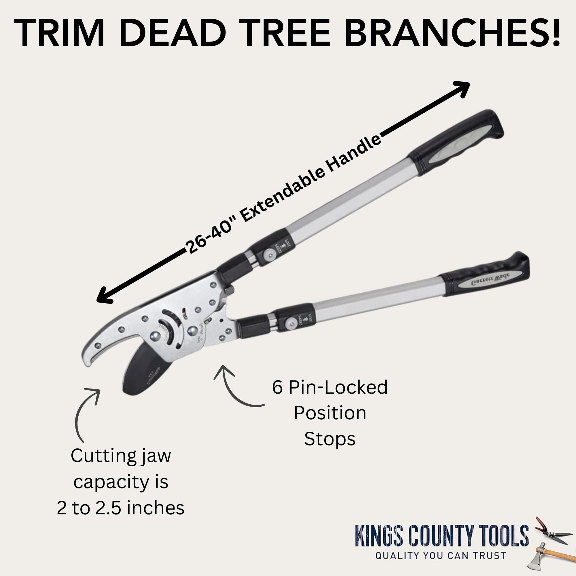 Kings County Tools Élagueur à enclume à double cliquet | Coupe du bois sec | Poignées extensibles de 66 cm à 101,6 cm de long | Coupez les branches d'arbre mortes | 6 arrêts de position verrouillés |