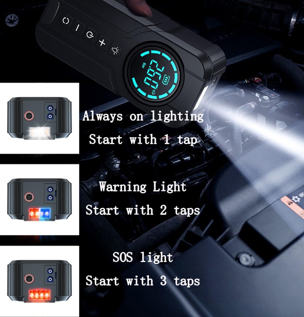 Arrancador BateríA Coche PortáTil con Compresor Aire, Arrancador BateríA Coche 10000 mAh (5,0 Gasolina/3,0 L DiéSel), Caja Salto Pico 12 V 1000 A, Arrancador BateríA Coche con Pantalla(Black)