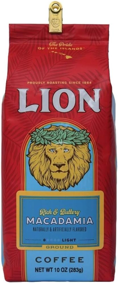 Lion Coffee Macadamia Nut Flavored Coffee (Ground, Light Medium Roast, International Blend, 10oz Bag)