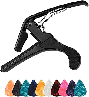 NITAIUN Guitar Capo with 10 Picks for Free, Black Capo, Ukulele Capo, Quick-Change Capo, for Acoustic Electric Guitars Mandolin Ukulele Bass and Banjo 14 * 9 cm Aluminum Alloy Capo (1)