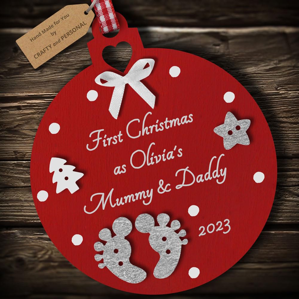 Multi-Colour Personalised First Christmas as Mummy and Daddy Bauble tree decoration wooden hanging ornament keepsake gift for parents babys 1st Christmas (Deep Red #2)