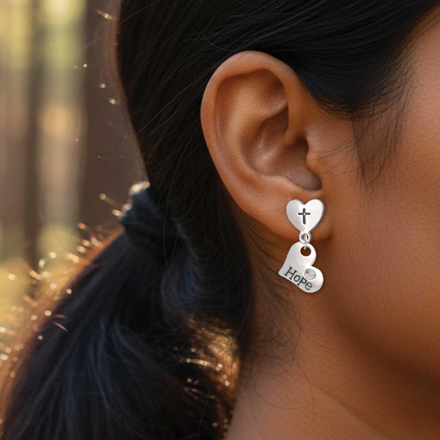 Delight Jewelry Message Heart with AB Crystal Silvertone Cross in Heart Post Dangle Earrings