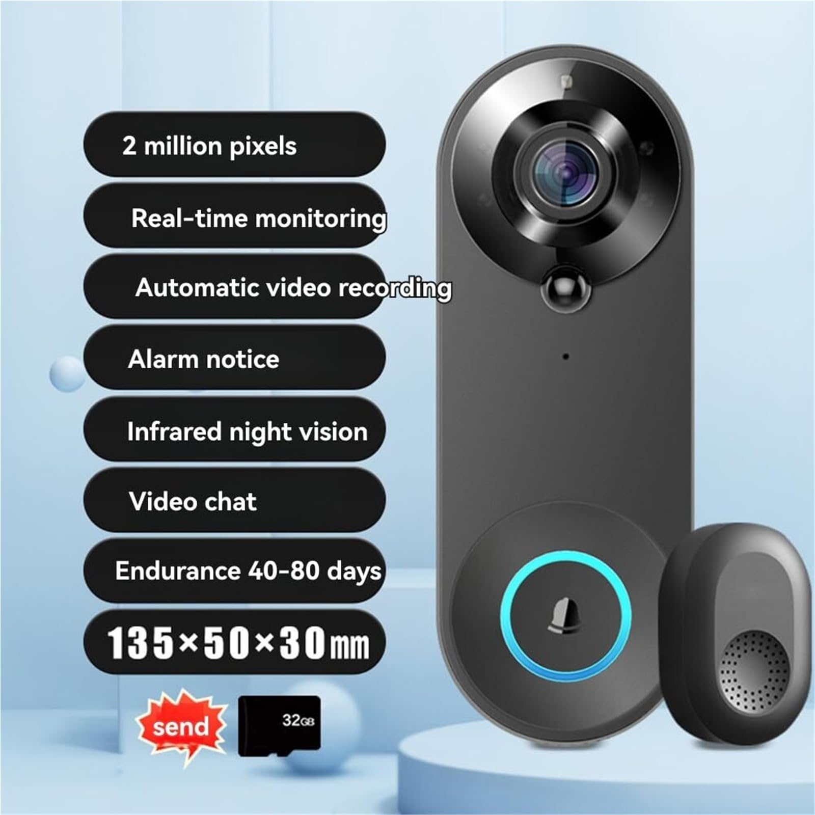 Mothdust Sonnette Video sans Fil WiFi Camara 2MP Securite Protection Dom