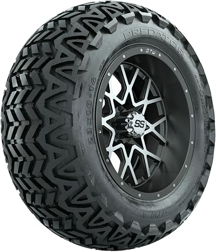 GTW Combo de ruedas y neumáticos para carrito de golf de 14 pulgadas | Vortex negro mate/ruedas mecanizadas en neumáticos Predator todo terreno