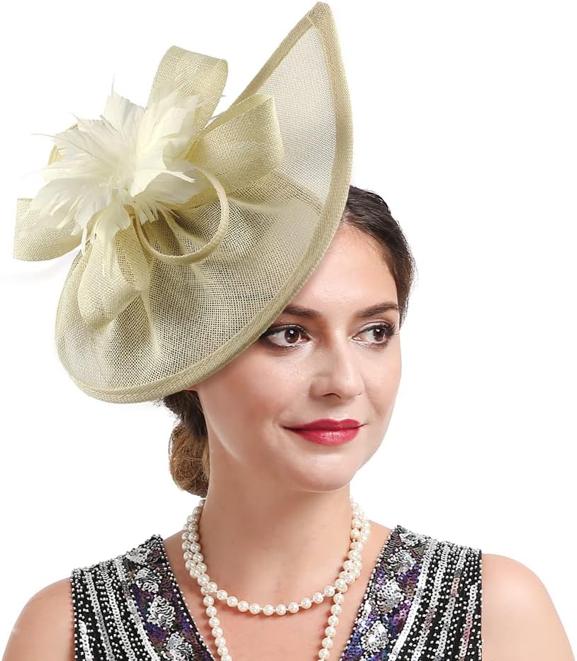 BrawladySinamay Fascinator Hat with Top Flower, Tear Drop Shape Women Feather Pillbox Headwear, Church Wedding Derby Cocktail Tea Party Headpiece