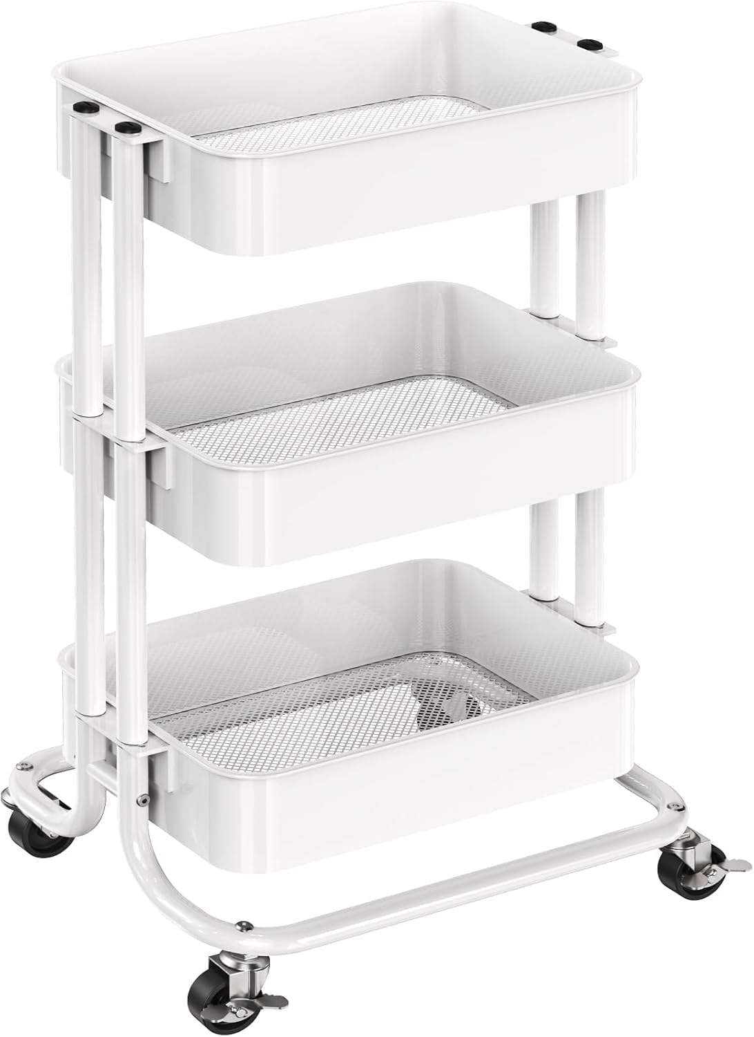 3 Tier Metal Rolling Utility Cart, Heavy-Duty Storage Rolling Cart with 2 Lockable Wheels, Multifunctional Mesh Organization Utility Cart for Kitchen Dining Room Living Room (White)
