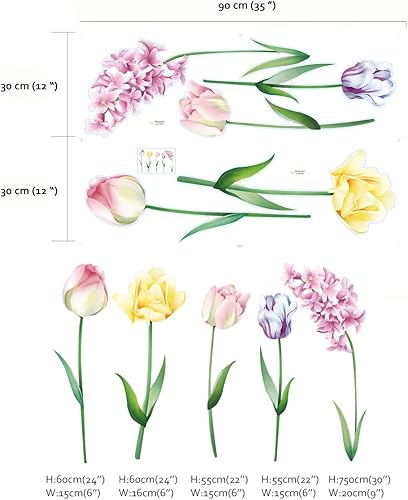 Miniatura 5 de Runtoo Calcomanías de pared de flores grandes, tulipán, floral, arte de pared, dormitorio, sala de estar, niños, bebé, guardería, decoración del