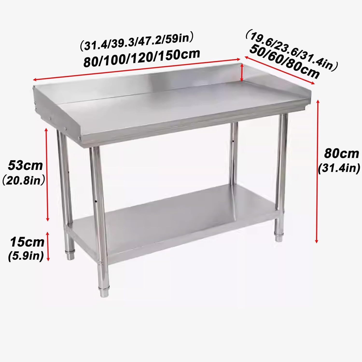 Stainless Steel Work Table, Food Prep Worktable, Steel Prep Table with Backsplash and Undershelf, Adjustable Heavy Duty Prep Worktable, for Kitchen Restaurant(L80xW50cm/31.4x19.6in)
