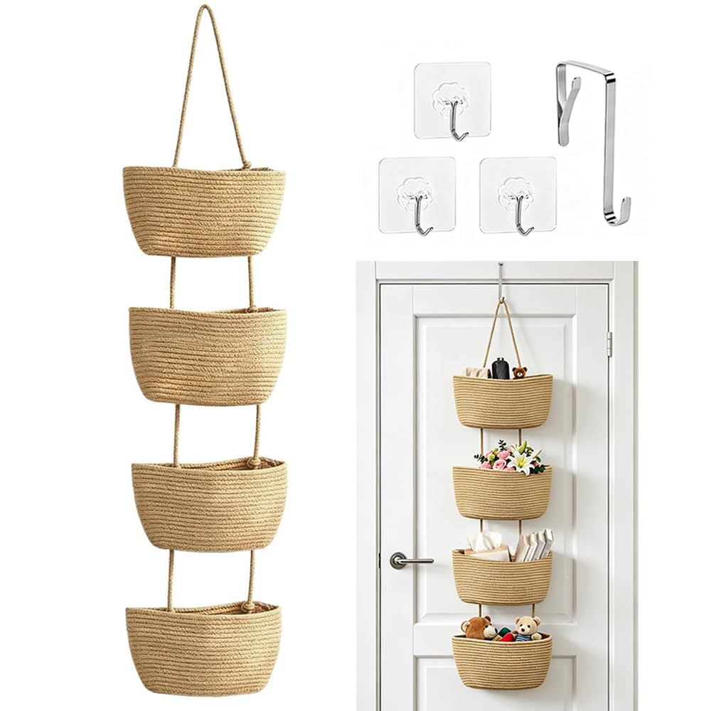 BIZOI Over the Door Hanging Basket, 4-Tier Woven Cotton Wall Basket, Wall Mount Storage Baskets with Hooks, Decorative Hanging Baskets for Bedroom Bathroom Nursery Kitchen (Brown)